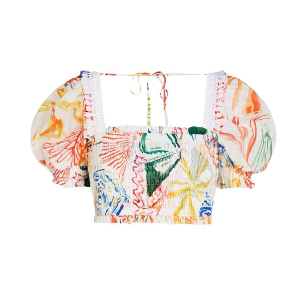 Beulah Multicolor Floral Puff-Sleeve Crop Top - White Base